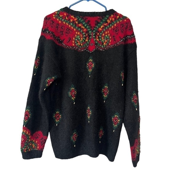 The Eagles Eye Vintage Black Red Festive Beaded Hand Knit Wool/Mohair Sweater - Picture 8 of 9